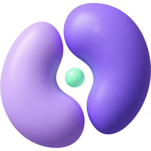 Duas formas lilás que se encontram ao redor de uma esfera verde, símbolo do Acolhe